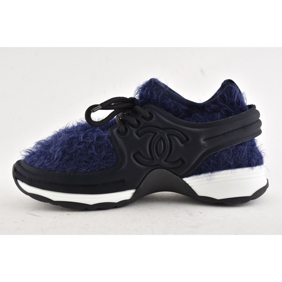 Chanel 18A Black Navy Blue Stretch Fabric Knit CC Satin Flat Trainer Sneaker 37 - Picture 1 of 10